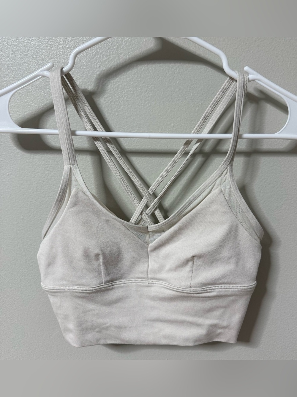 Alo Yoga Sneak Long Bra Size XS Ivory Bone Pilates Mesh Strappy Bralette